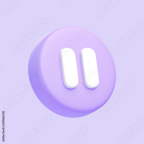 Purple round pause button isolated on purple background. 3D icon, sign and symbol. Cartoon minimal style. 3D Render Illustration