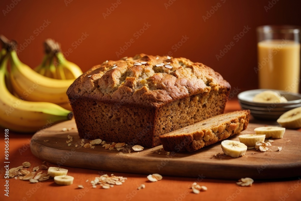 Banana bread on the table on orange background, cake with nuts, cake with raisins, chocolate and banana cake with nuts, banana pie with nuts and raisins, piece of banana cake
