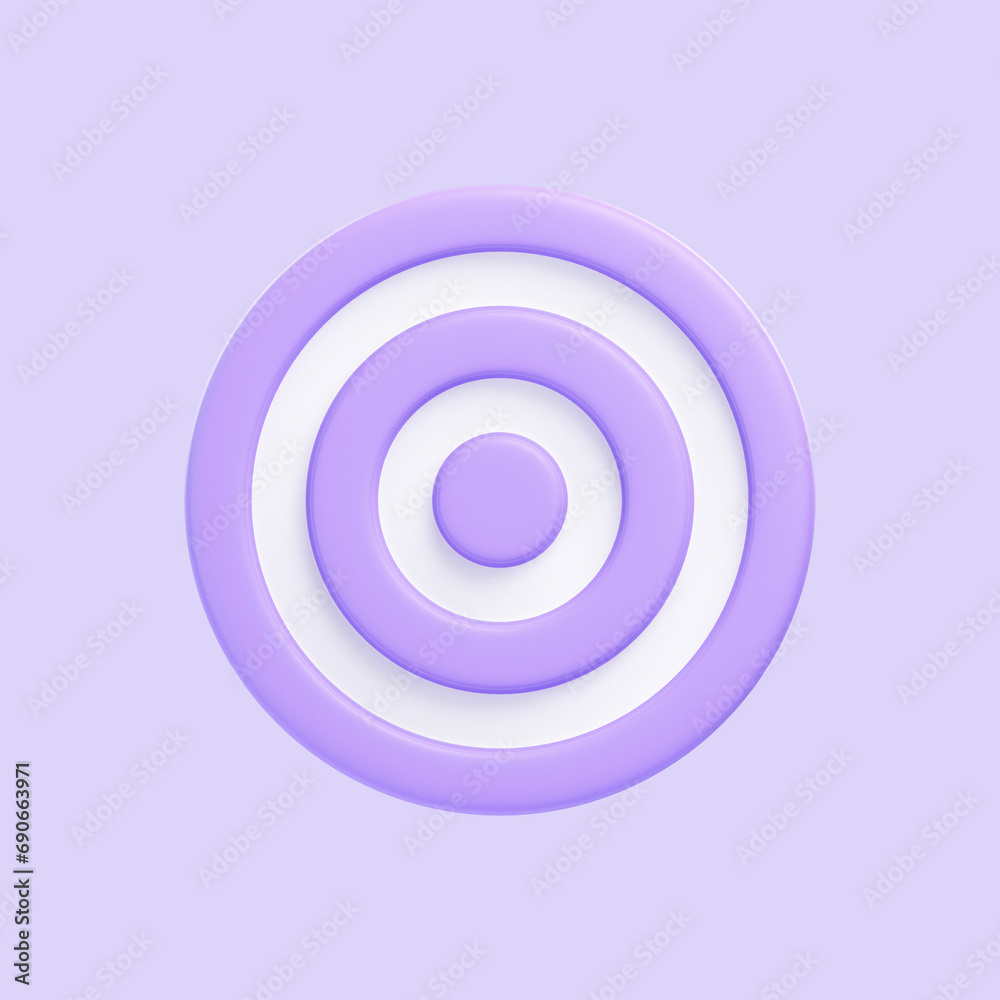 Purple target icon isolated on purple background. 3D icon, sign and symbol. Cartoon minimal style. Front view. 3D Render Illustration