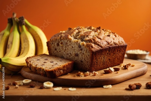 Banana bread on the table on orange background, cake with nuts, cake with raisins, chocolate and banana cake with nuts, banana pie with nuts and raisins, piece of banana cake