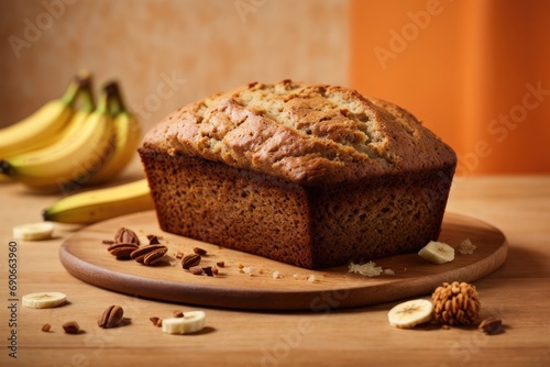Banana bread on the table on orange background, cake with nuts, cake with raisins, chocolate and banana cake with nuts, banana pie with nuts and raisins, piece of banana cake
