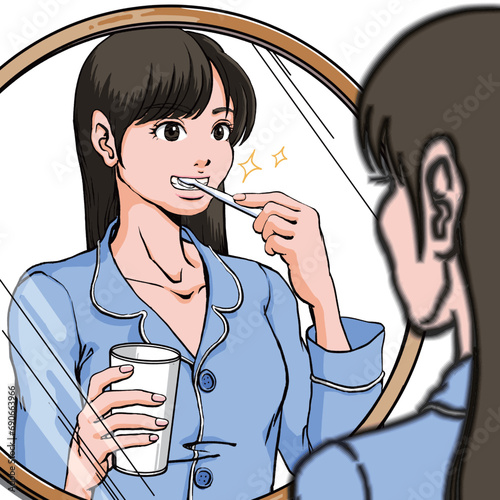 洗面台前に立ち歯磨きするパジャマ姿の若い女性_白い歯