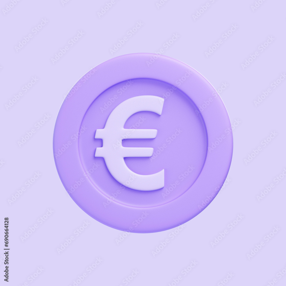 Purple coin with euro sign isolated on purple background. 3D icon, sign and symbol. Cartoon minimal style. Front view. 3D Render Illustration Purple coin with euro sign isolated on purple background. 3D icon, sign and symbol. Cartoon minimal style. Front view. 3D Render Illustration
