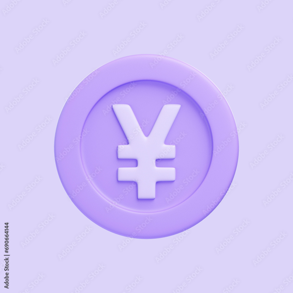 Obraz premium Purple coin with yen sign isolated on purple background. 3D icon, sign and symbol. Cartoon minimal style. Front view. 3D Render Illustration