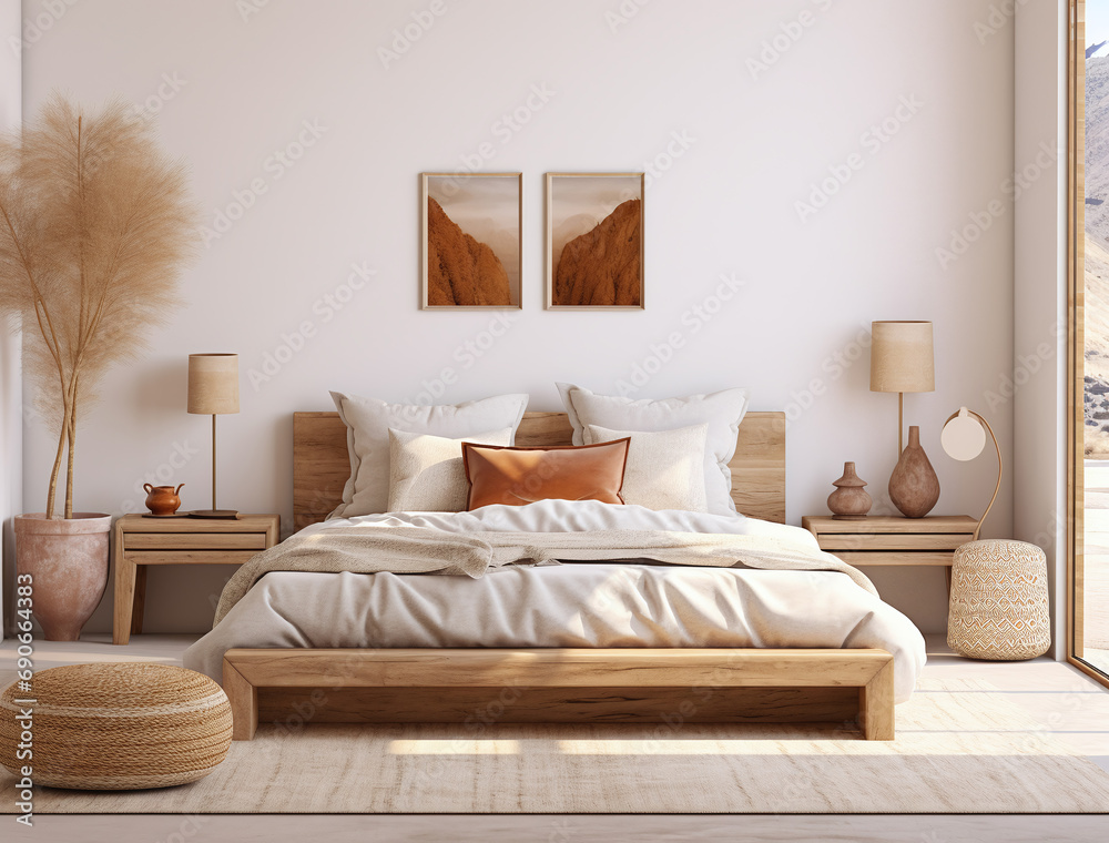 Fototapeta premium Boho, french country style interior design of modern bedroom