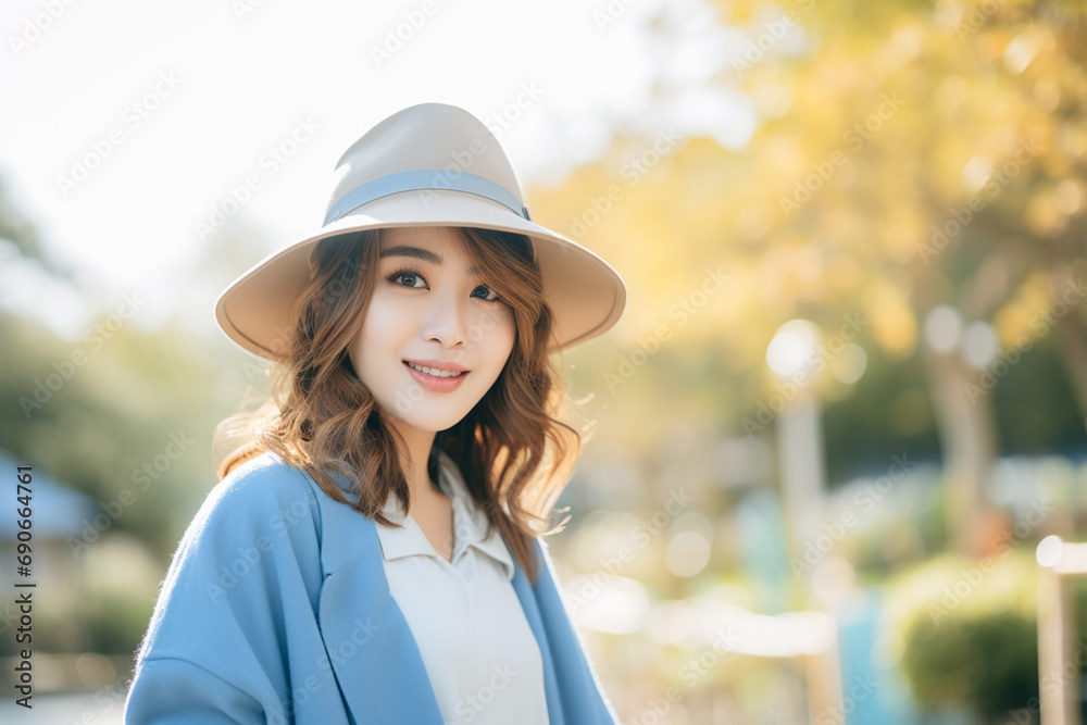 A vibrant and happy woman wears a beautiful smile as she travels, relishing moments of relaxation amidst the soothing embrace of nature and her surroundings. Generative AI.