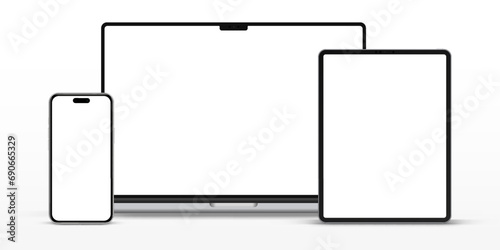 Modern laptop mockup front view and high quality smartphone and tablet mockup isolated on white background. Notebook mockup and phone device mockup for ui ux app and website presentation photo
