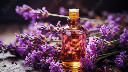 Aromatic lavender oil in a bottle with lavender flowers