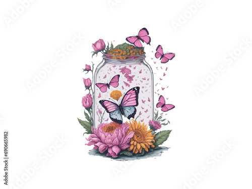 Magical Glass Bottle With Butterfly And Flowers, Fairytale Fantasy Magic Jar. Illustration Png Clipart.