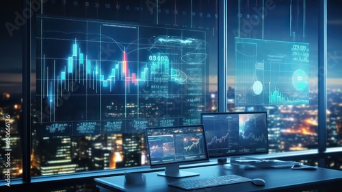 Big Data Technology for Business Finance Analytic Concept. Modern graphic interface shows massive information of business sale report, profit chart and stock market trends analysis. Generative AI