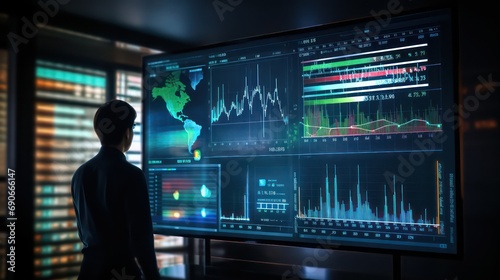 Big Data Technology for Business Finance Analytic Concept. Modern graphic interface shows massive information of business sale report, profit chart and stock market trends analysis. Generative AI