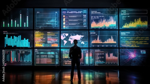 Big Data Technology for Business Finance Analytic Concept. Modern graphic interface shows massive information of business sale report, profit chart and stock market trends analysis. Generative AI