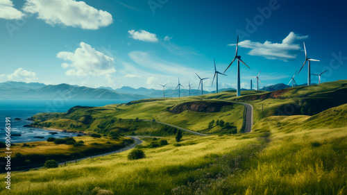 Renewable energy on a serene grassland: a wind farm with turbines.