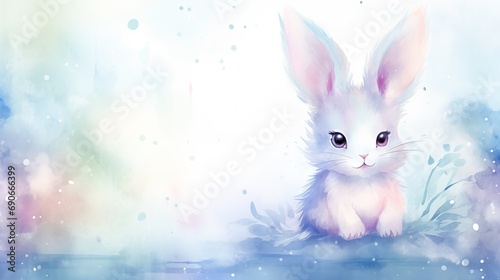 Cute white little cartoon Easter holiday bunny rabbit on pastel watercolor painted background with copyspace