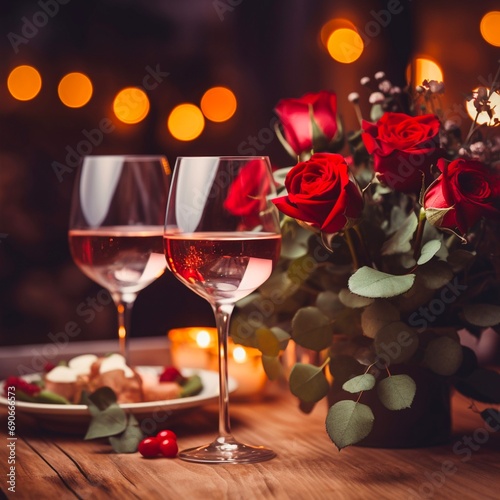 Romantic Dinner. Bouquet of flowers lying on the table, selective focus on bunch of roses, two glasses of red wine on the wooden desk. Date concept, blurred background, banner. Made with generative ai