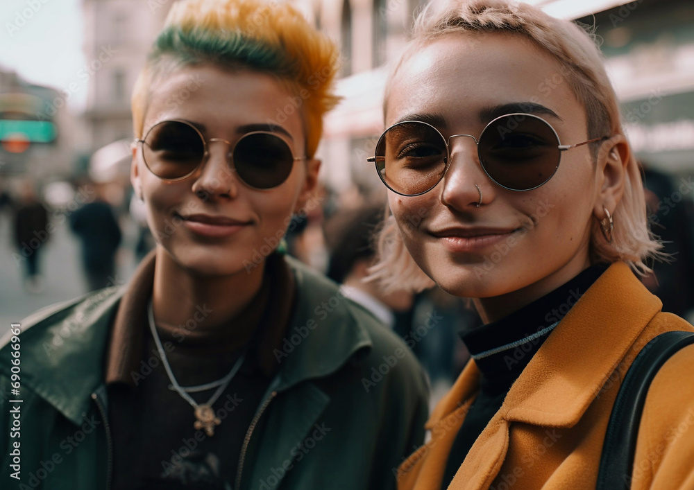 Street style portrait of stylish non-binary couple on city street.Macro.AI Generative.