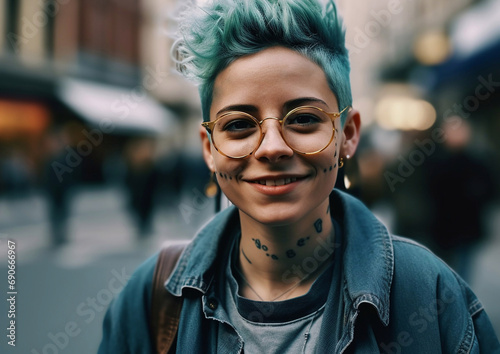 Stylish young beautiful non-binary person with blue hairstyle on street.Macro.AI Generative.