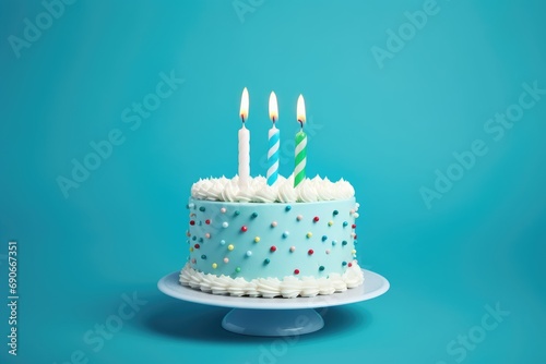 Simple and Elegant Birthday Cake with Lit Striped Candles