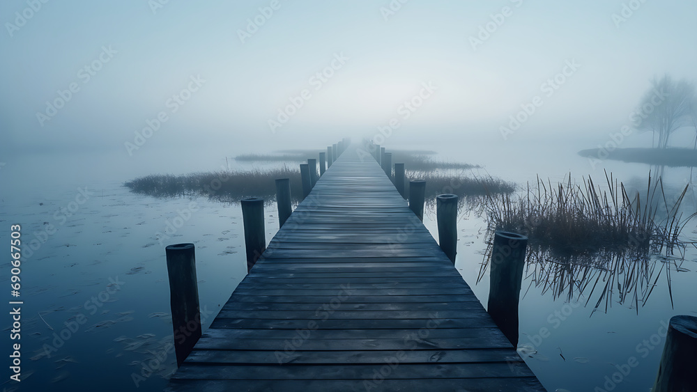 Obraz premium The wooden bridge in the lake in spring with a blue lake.