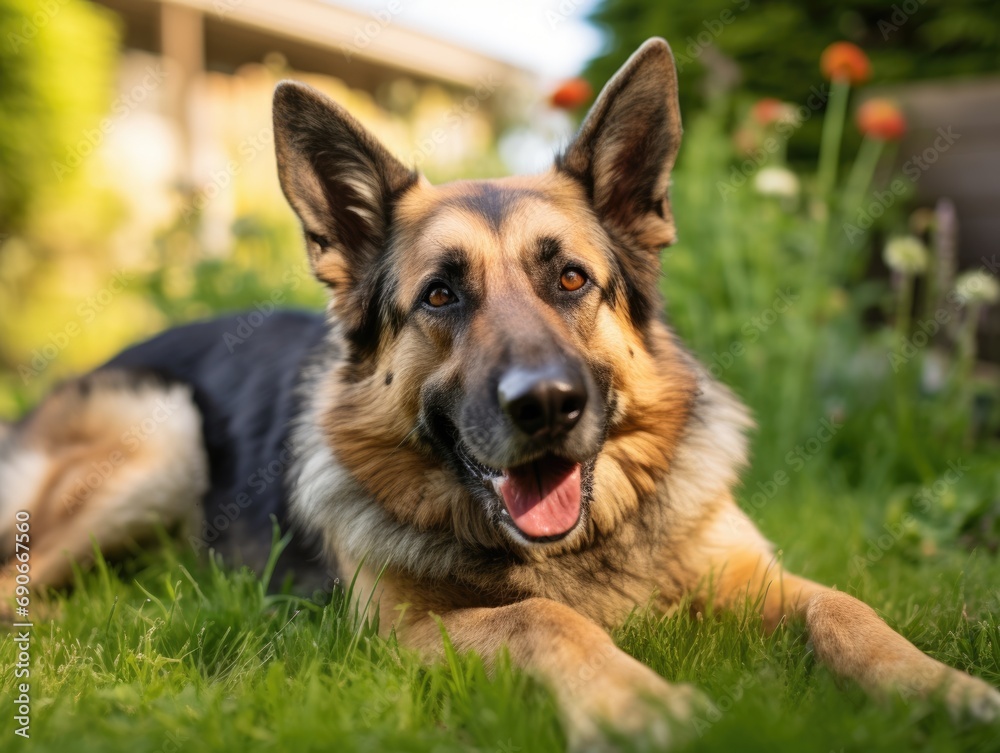 Best Buddy: Alert Senior Shepherd Dog Smiling in Backyard Grass, a Loyal Canine Companion