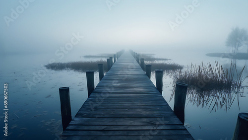 The wooden bridge in the lake in spring with a blue lake.