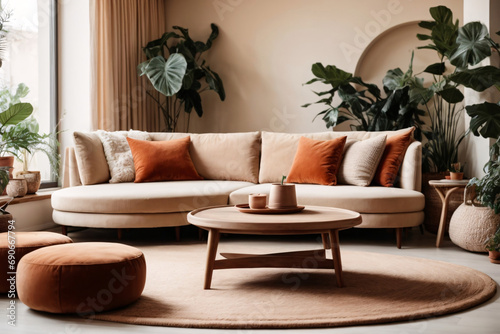 Beige velvet sofa with terra cotta cushions between houseplants. Wooden round coffee table near ottoman on knitted rug. Scandinavian interior design