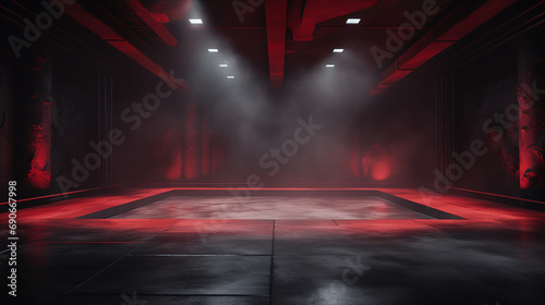 Dramatic Red Spotlight on Empty Stage: Abstract Theatrical Atmosphere with Minimal Design - Moody Concert Performance Background for Artistic Expression