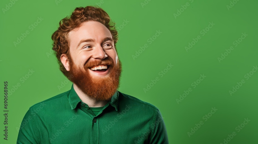 Fototapeta premium Man smiling on green background.