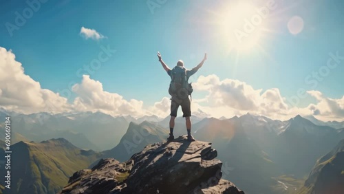 Successful man stand top of alps mountain. Fun adventure. Hiker achieve high rock peak. Travel success freedom motivation concept. Tourist climber go hike enjoy view. Backpacker explore epic journey. photo