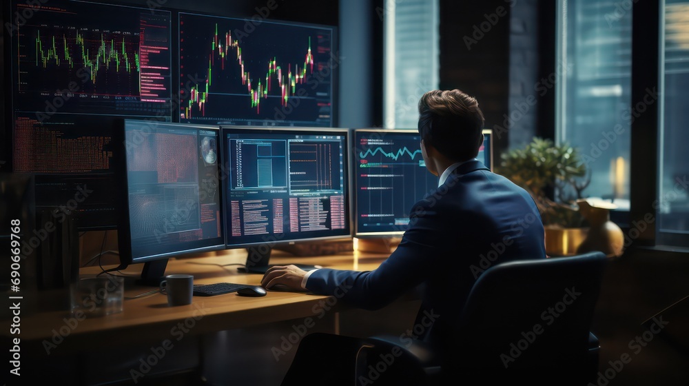 Finance trade manager analyzing stock market indicators for best investment strategy, financial data and charts. Generative AI Finance trade manager analyzing stock market indicators for best investment strategy, financial data and charts. Generative AI