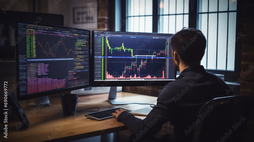 Finance trade manager analyzing stock market indicators for best investment strategy, financial data and charts. Generative AI Finance trade manager analyzing stock market indicators for best investment strategy, financial data and charts. Generative AI