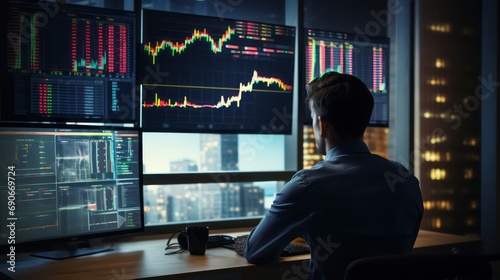 Finance trade manager analyzing stock market indicators for best investment strategy, financial data and charts. Generative AI