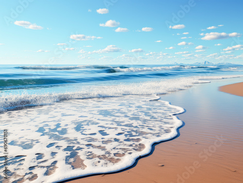Calm beach waves meeting the sandy shore under a sunny sky. Refreshment concept. Generative AI