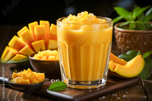 Mango Tango Smoothie on a wooden table in a kitchen background  photo realistic