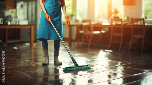 A Woman Cleaning the Floor in the Kitchen with a Mop