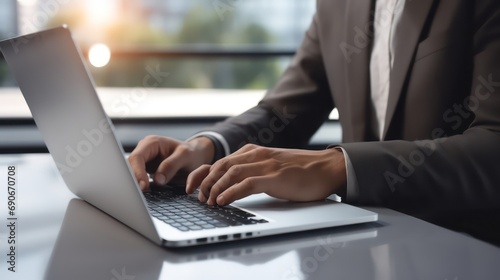 Young businessman hand typing on laptop computer while working in white modern office room, closeup. Generative AI