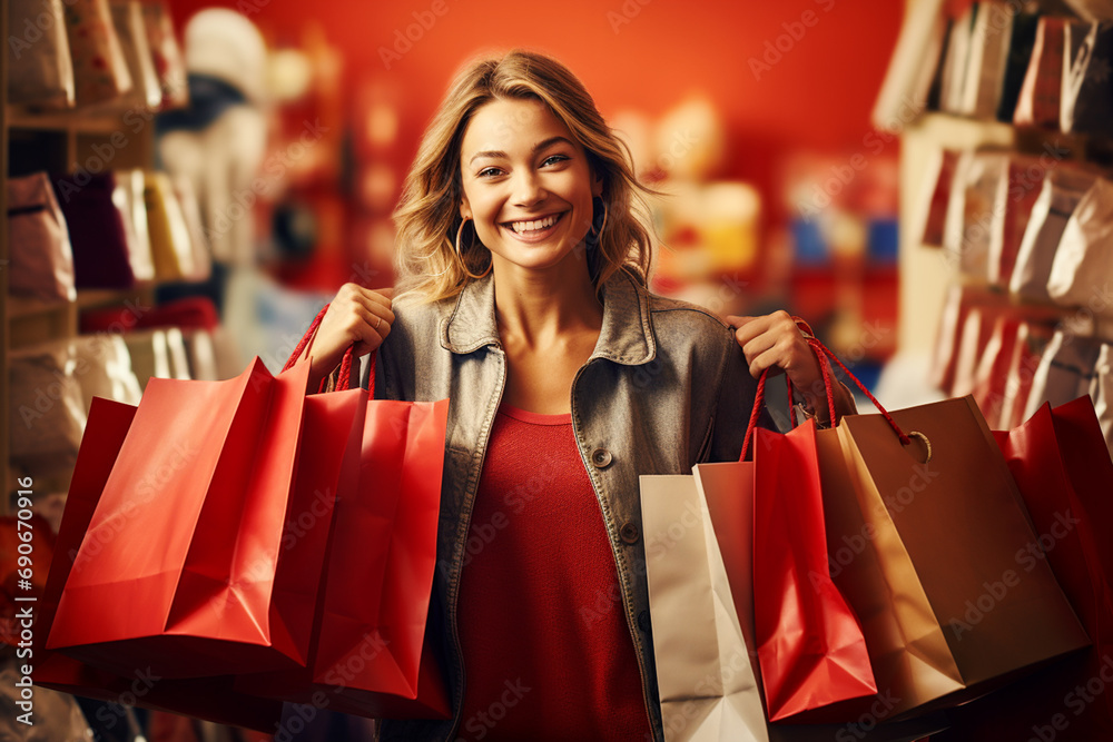 Young happy woman in store with shopping bags Young happy woman in store with shopping bags