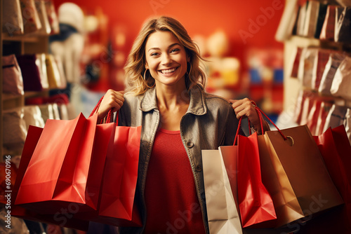 Young happy woman in store with shopping bags