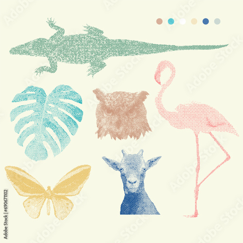 Set of crocodile, owl, flamingo, goat, green monstera, butterfly. Digital art, web graphics, vintage-inspired branding. Dithering Bitmap Shape. Print for fashion and design. Vector illustration. Y2K.