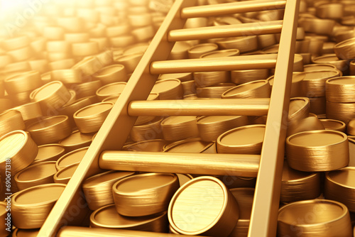  background illustration of a staircase made of gold bricks rising from the ground full of gold photo