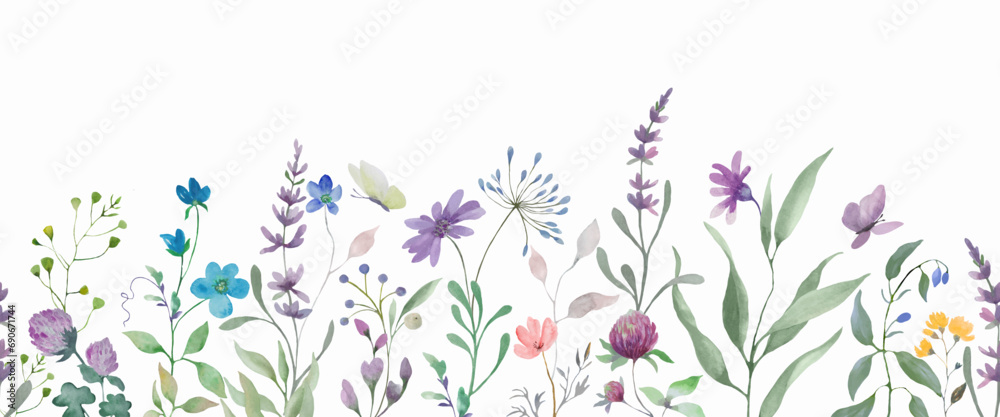 Watercolor floral border. Hand drawn illustration isolated on white background. Vector EPS.
