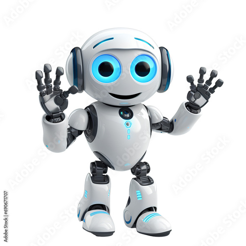 Colorful cute robots raising their hands in greeting on PNG transparent background for decorating technology projects.