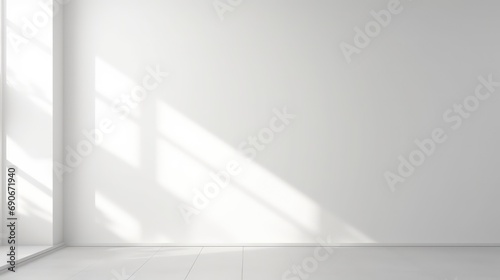 Realistic and minimalist blurred natural light windows, shadow overlay on wall paper texture, abstract background. Minimal abstract light white background for product presentation, generative AI