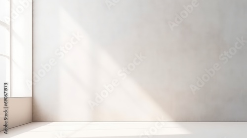 Realistic and minimalist blurred natural light windows, shadow overlay on wall paper texture, abstract background. Minimal abstract light white background for product presentation, generative AI © æ Enterprises