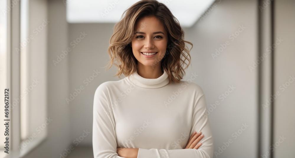 portrait of young happy woman looks in camera portrait of young happy woman looks in camera