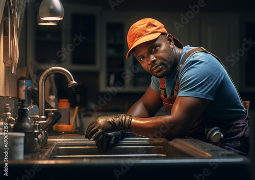 Plumber black man kitchen and sink maintenance