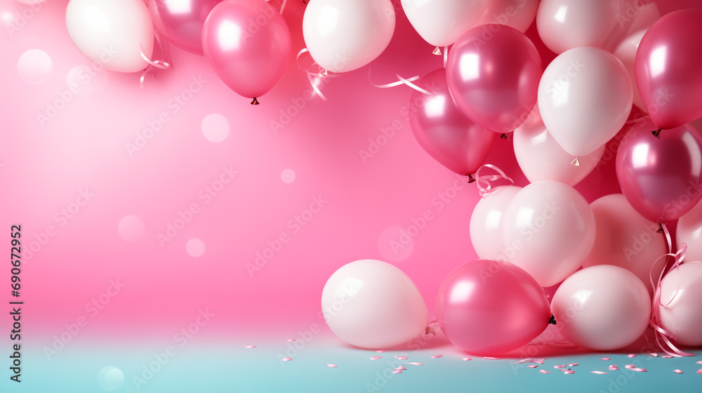 Vibrant color balloons background with ribbon flakes and space for text. Generative ai.