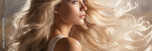 beauty portrait of a young woman with developing blond hair on a light background close-up, Banner. content for beauty salons and bloggers. space for text