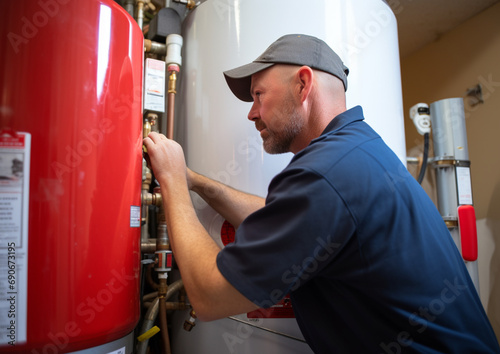 Plumber installing water heater at new home