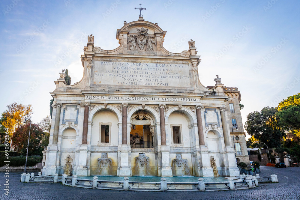 Fontana dell'Acqua Paola the big fountain in Rome at sunny daylight